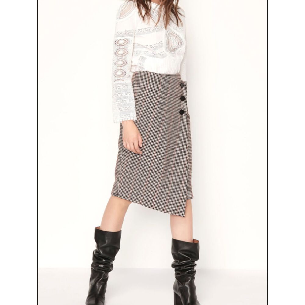 BA&SH Pernille Wool Houndstooth Assymetrical Wrap Front 3 Button Skirt Size 8